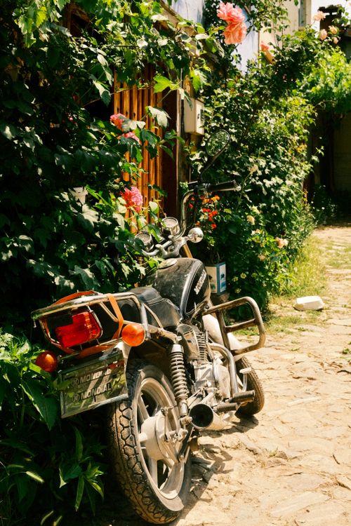 Free A classic motorbike parked on a cobblestone path, surrounded by lush greenery in Bursa, Türkiye. Stock Photo