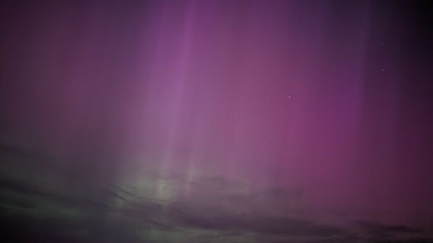 Stunning display of purple aurora borealis lighting up a clear night sky.