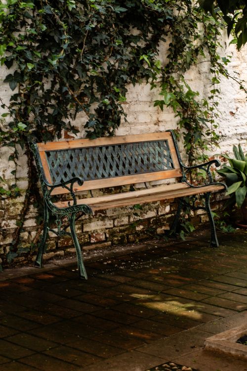 Free A rustic bench rests against an ivy-covered wall on a cobblestone patio in Segovia, Spain. Stock Photo