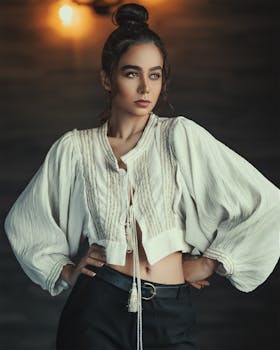 一位年轻女子身穿白色上衣，在自然光下拍摄的时尚肖像