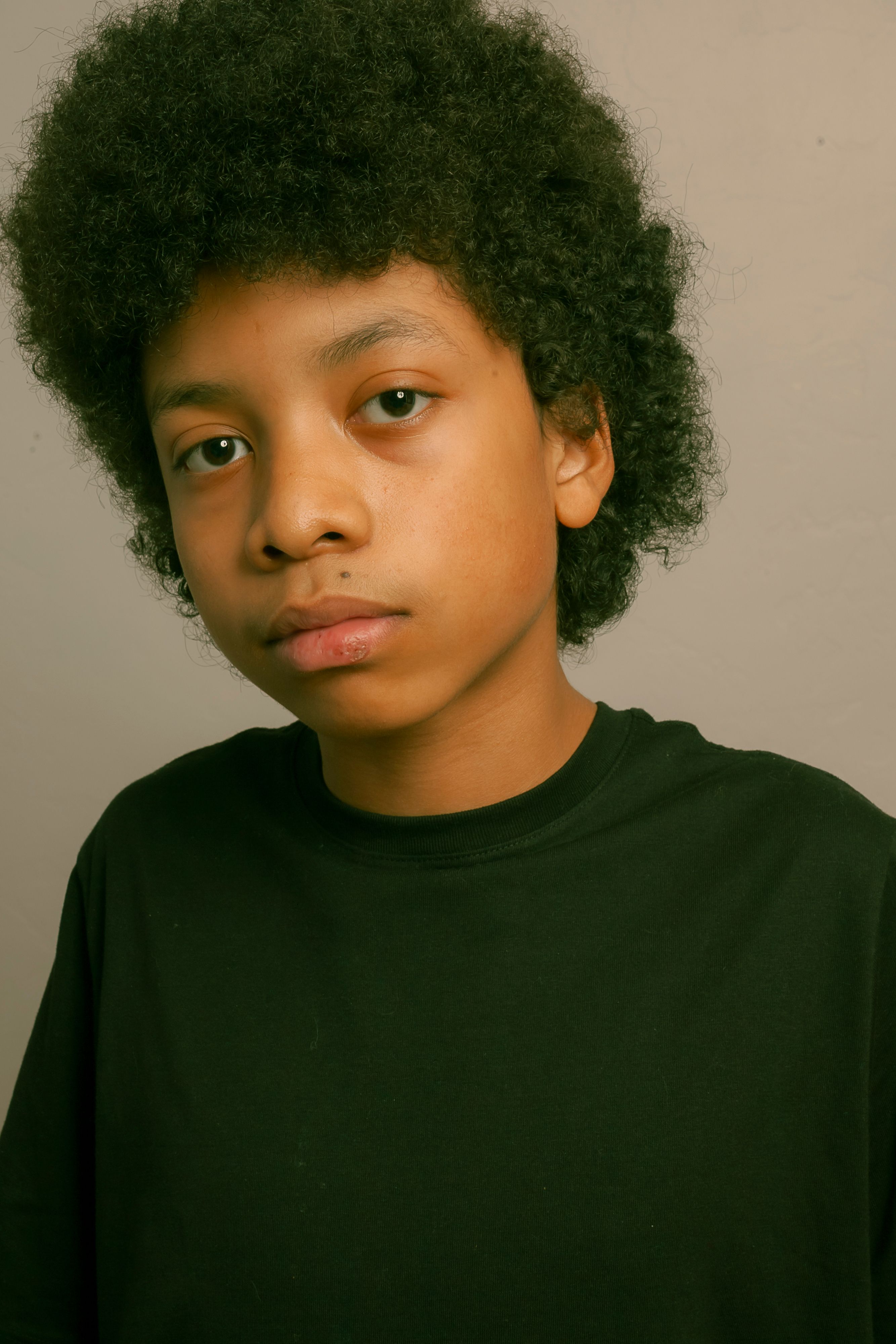 Studio portrait of a young boy with curly hair in Los Angeles, CA.
