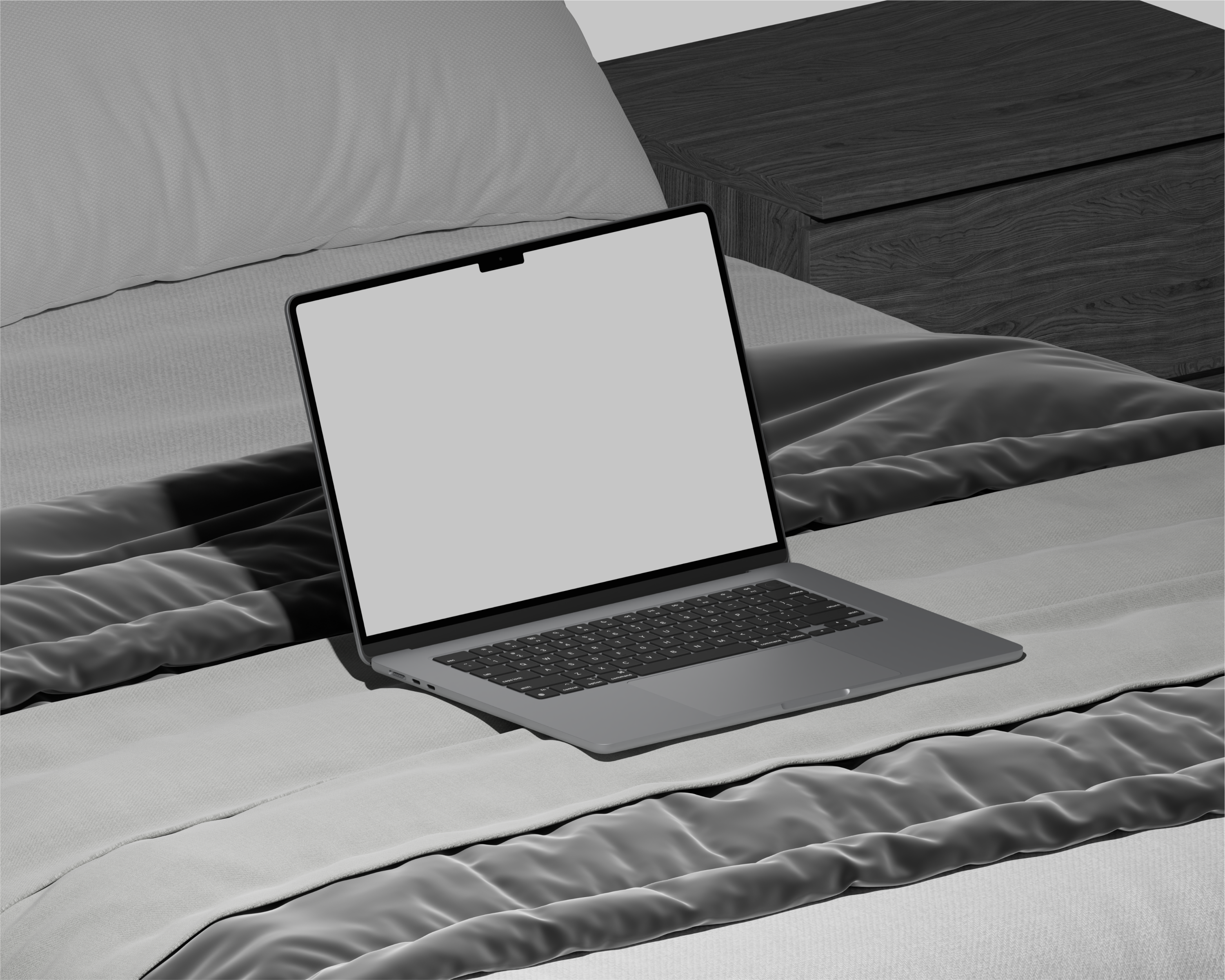 A sleek laptop with a blank screen on a neatly made bed, perfect for tech-related themes.