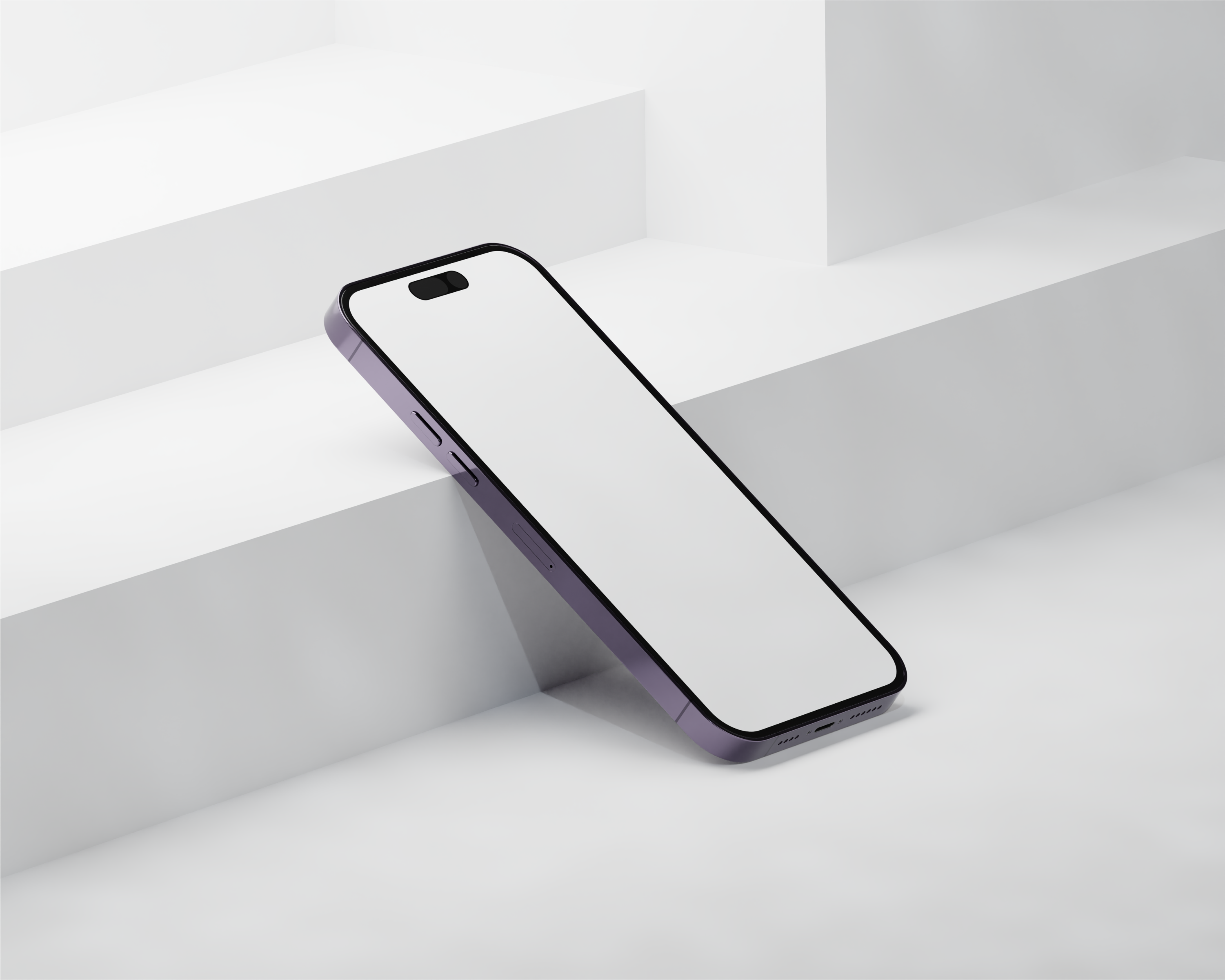 Sleek smartphone with blank screen leaning on minimalist white steps, ideal for technology themes.