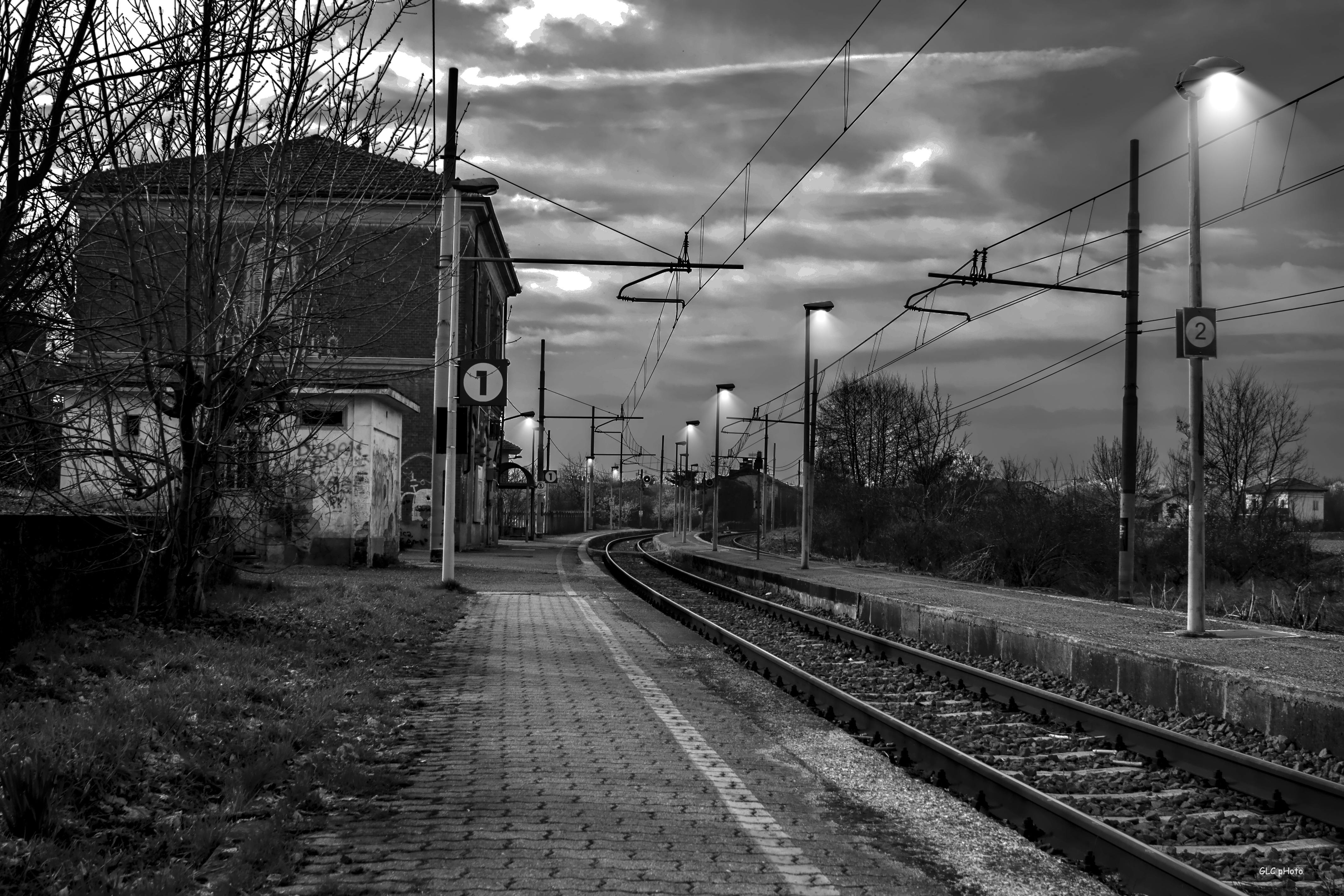 railroad tracks by bare trees against sky