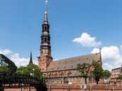 St. Catherine's Church with its iconic spire in Hamburg, a prime example of Brick Gothic architecture.