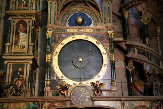 Close-up of Strasbourg Cathedral's renowned astronomical clock with intricate details.