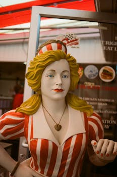 Colorful vintage statue in front of a retro-style American diner, highlighting Americana culture.