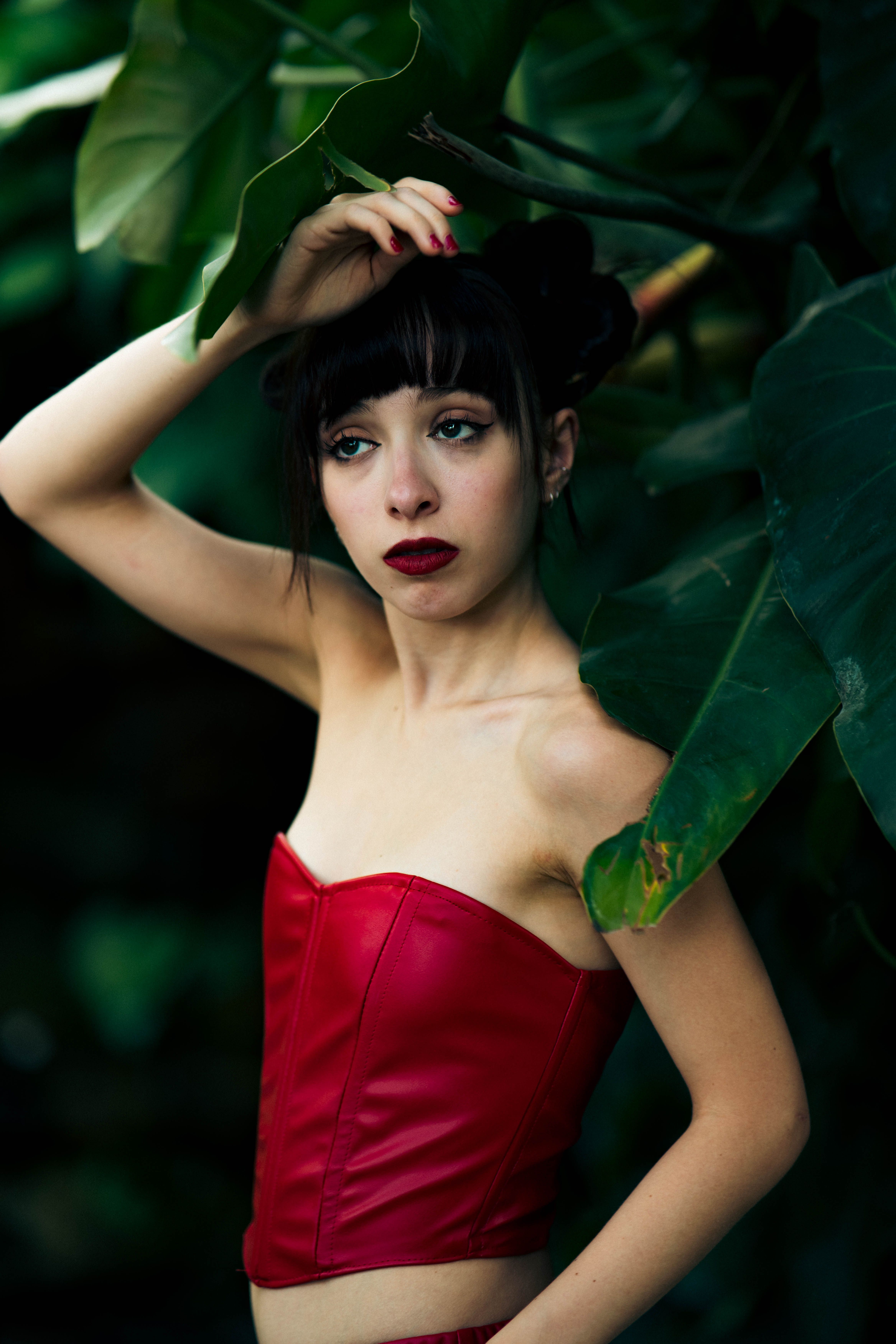 A woman in a red leather dress posing in front of some leaves  Free Stock  Photo