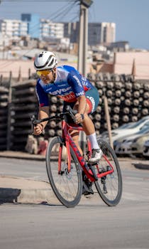 A cyclist in full gear competes on urban streets of Alto Hospicio, Chile.