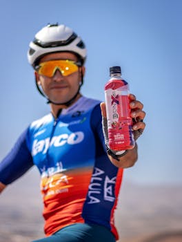 Cyclist offering a refreshing sports drink under the sunny sky of Alto Hospicio, Chile.