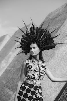 Elegant black and white portrait of a woman wearing a unique feather headdress, exuding sophistication in fashion.