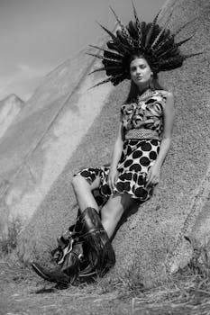 Striking black and white portrait of a woman in a bold outfit outdoors.