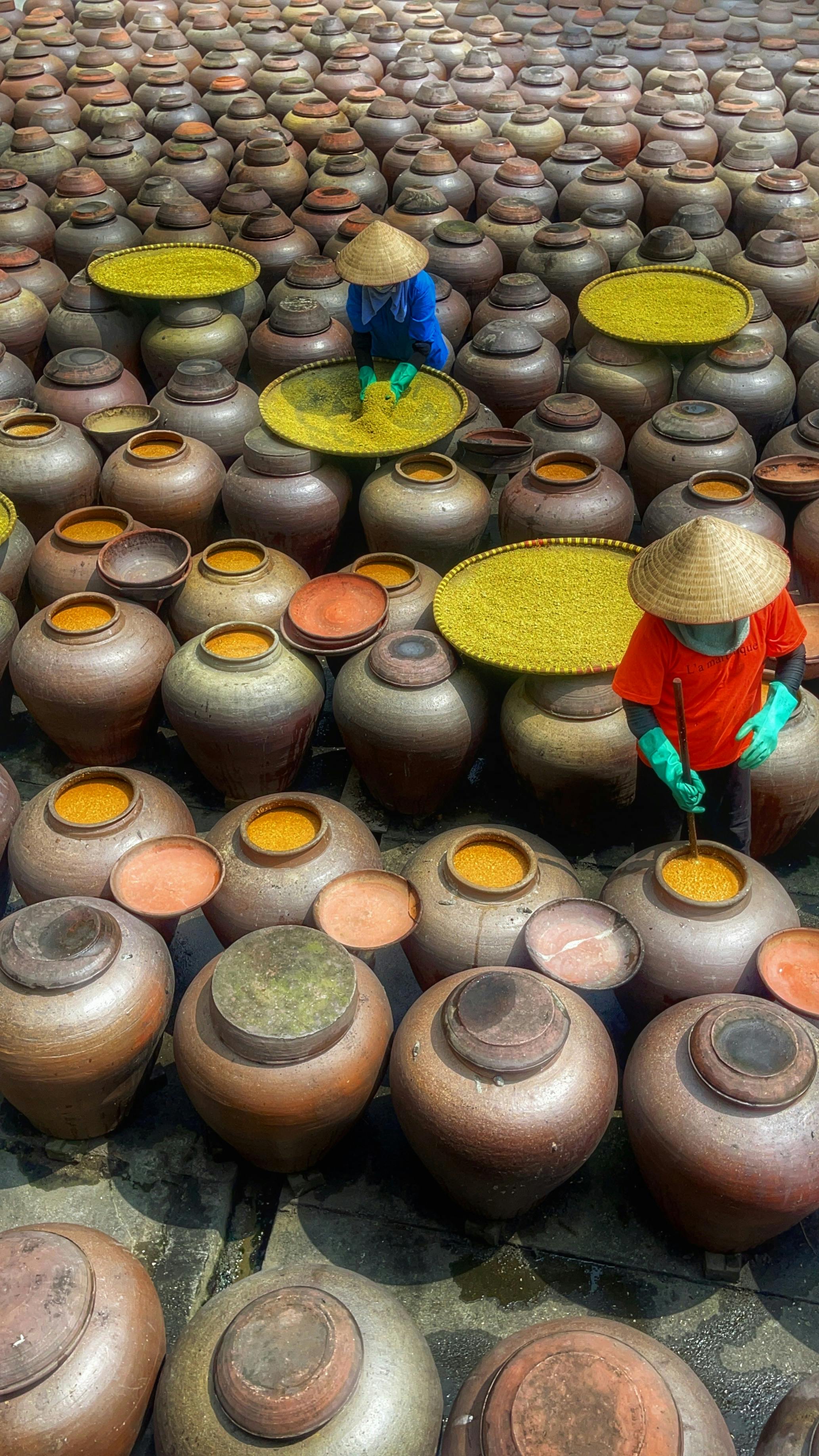 Overhead view of workers in conical hats among rows of ceramic jars.