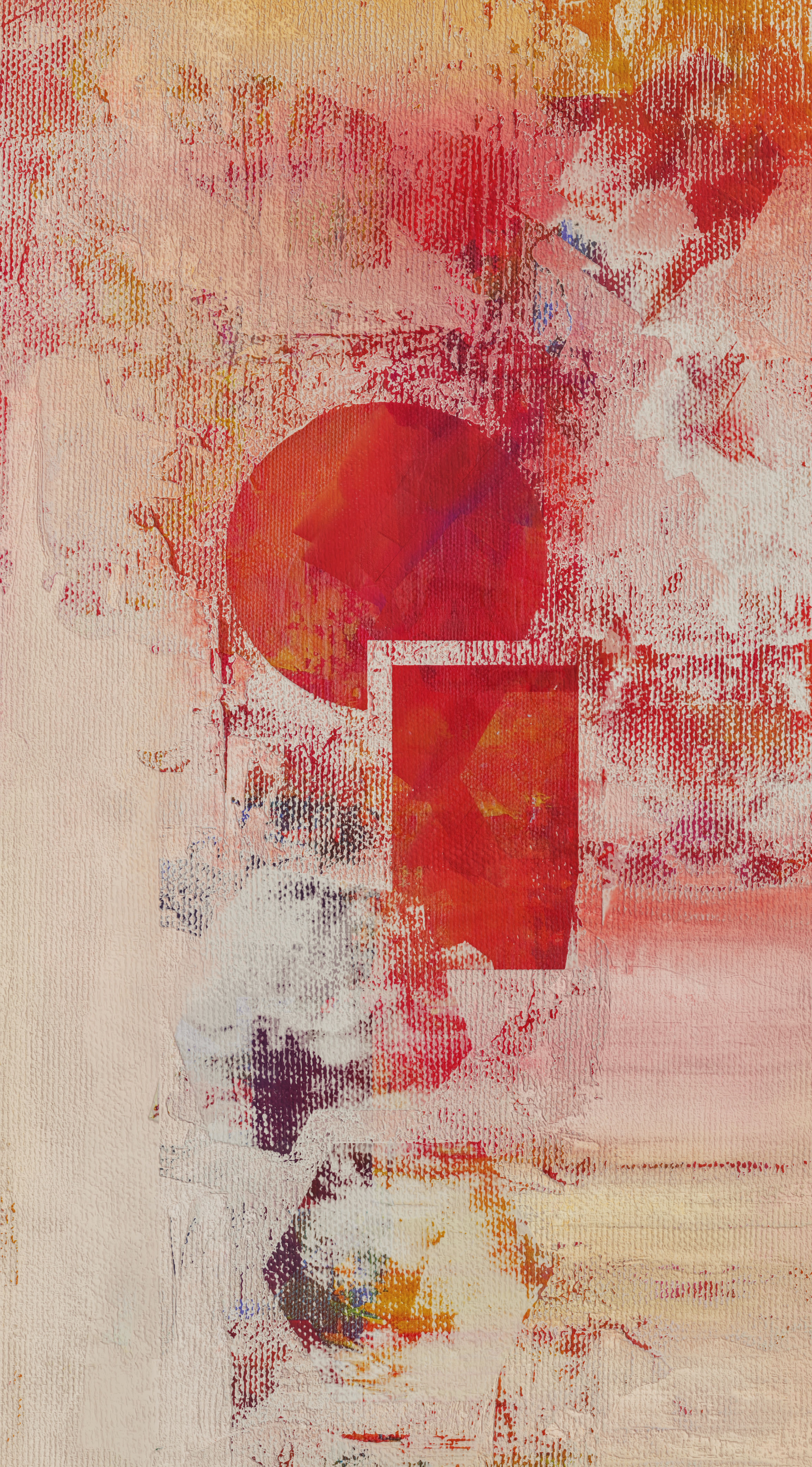 Colorful abstract artwork featuring red and white textures with geometric shapes.