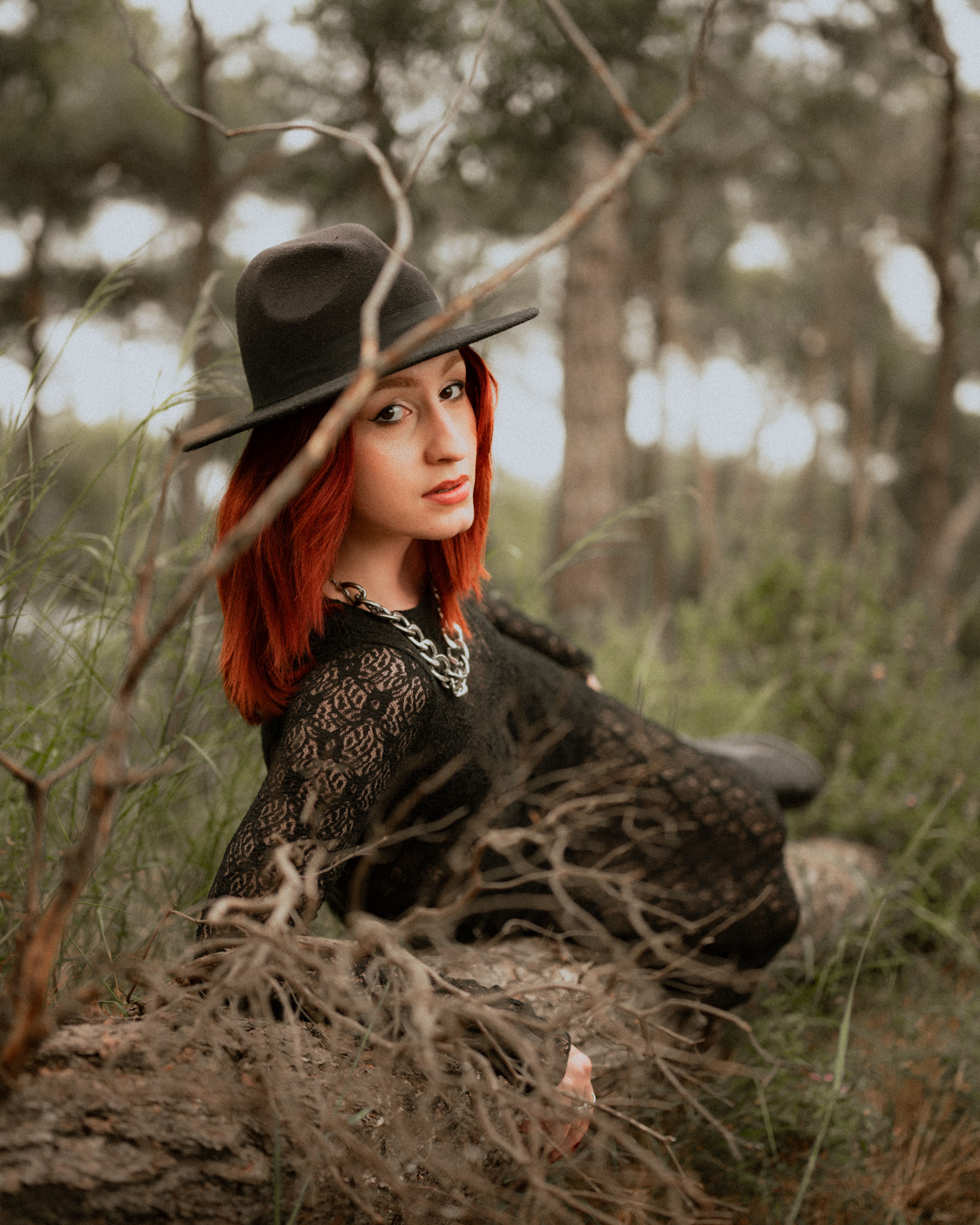 A red-haired woman in a black lace dress poses on a tree log in a forest. Stylish portrait.