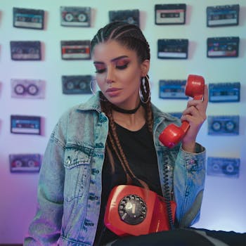 一位穿着牛仔布的时尚女性手持老式旋转电话，周围环绕着盒式磁带