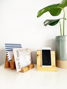 一张配有植物、手机支架和木制杂志支架的干净桌子，非常适合现代简约风格