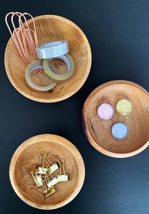 Three Brown Wooden Bowls