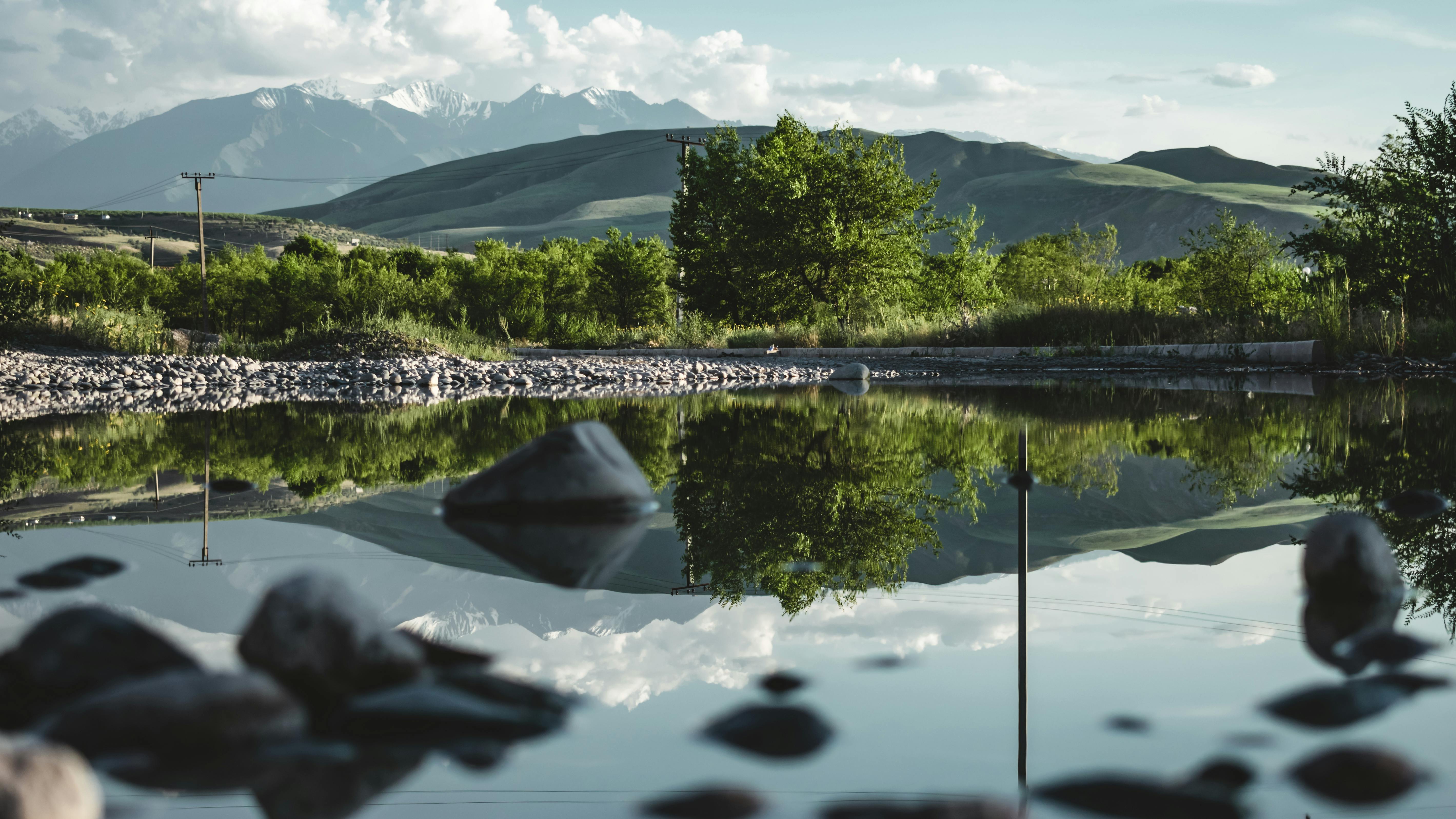 湖面宁静的景色映衬着郁郁葱葱的绿树和远处的山脉