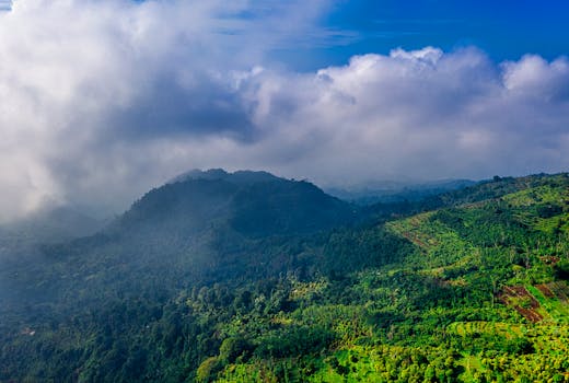 在多云天空的映衬下，一幅壮丽的鸟瞰图展现了印度尼西亚万丹郁郁葱葱的绿色山脉