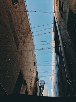 晴朗的天空下，布里斯班城市小巷的低视角装饰着弦灯