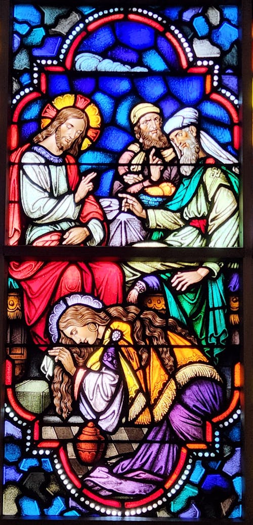 St. Mary Magdalene Washing Feet of Jesus Stained Glass
