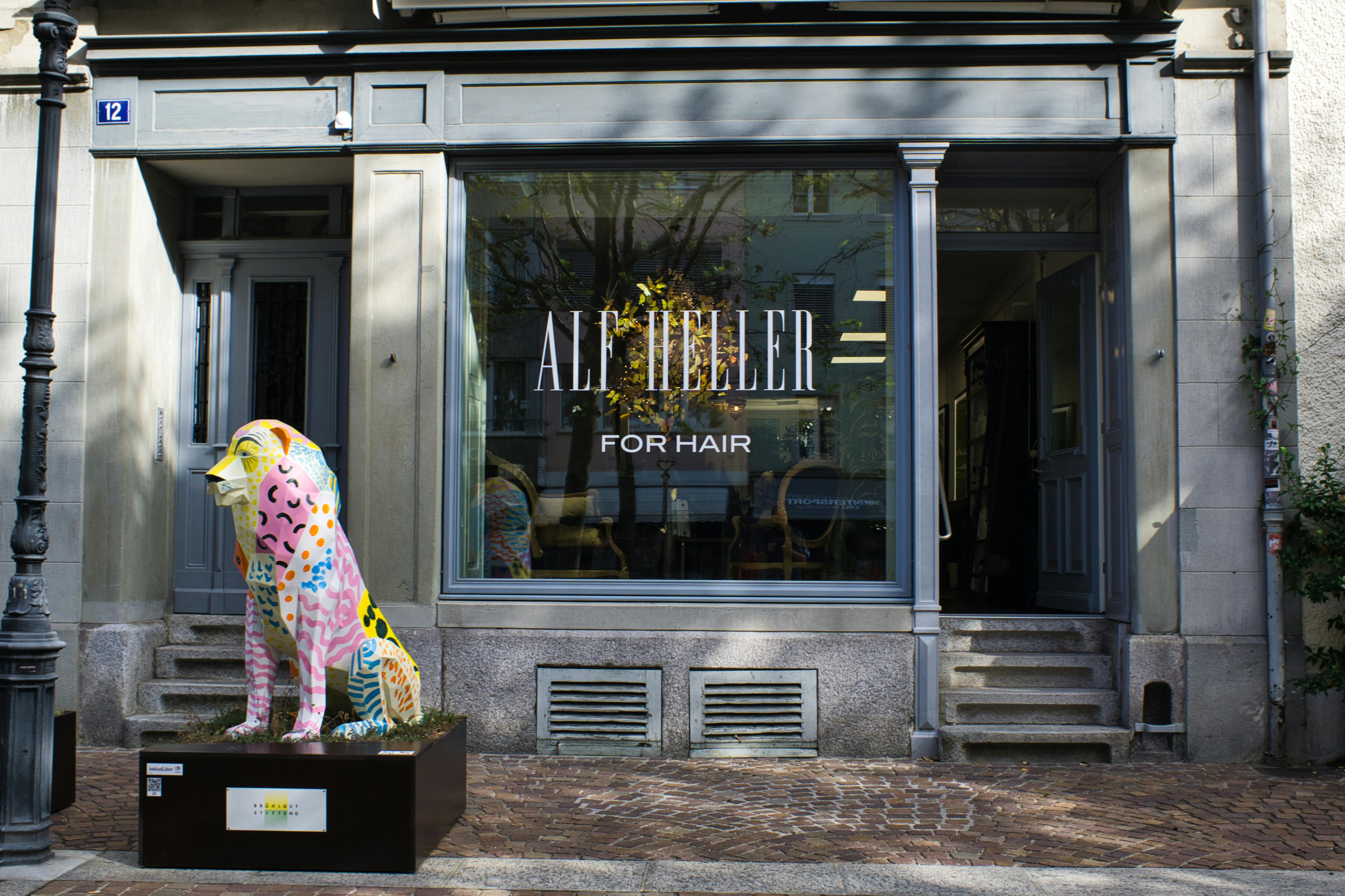 A vibrant dog sculpture outside a hair salon in the city of Winterthur, Switzerland.