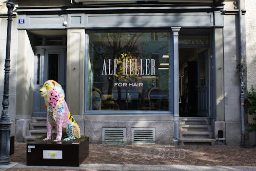 A vibrant dog sculpture outside a hair salon in the city of Winterthur, Switzerland.