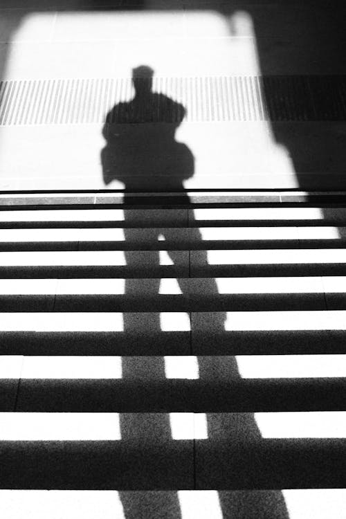 A shadow of a person standing on a set of stairs