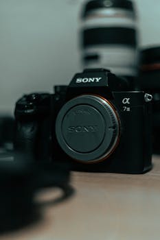 Focused shot of a professional digital camera with lens, ideal for photography themes.