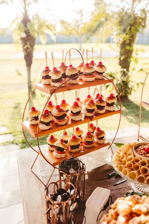 A buffet table with desserts and drinks