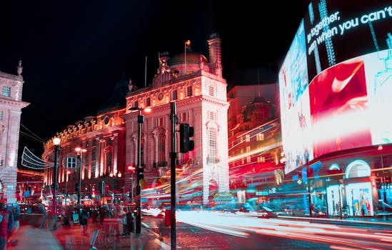 Long exposure captures vibrant city lights and nightlife at Piccadilly Circus, London.