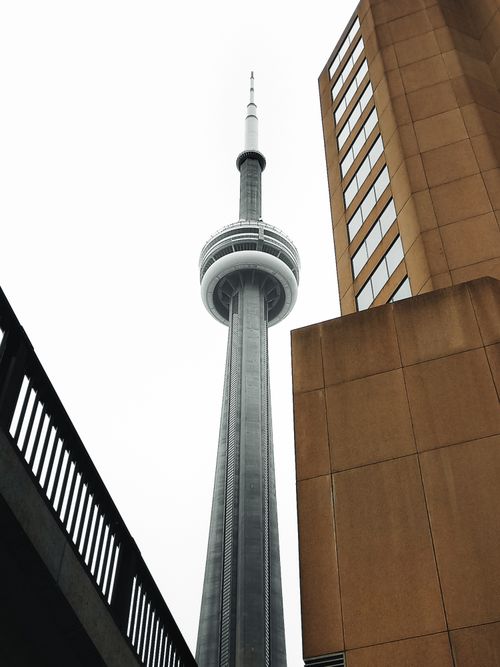 Free View of the iconic CN Tower in Toronto next to modern architecture on a clear day. Stock Photo