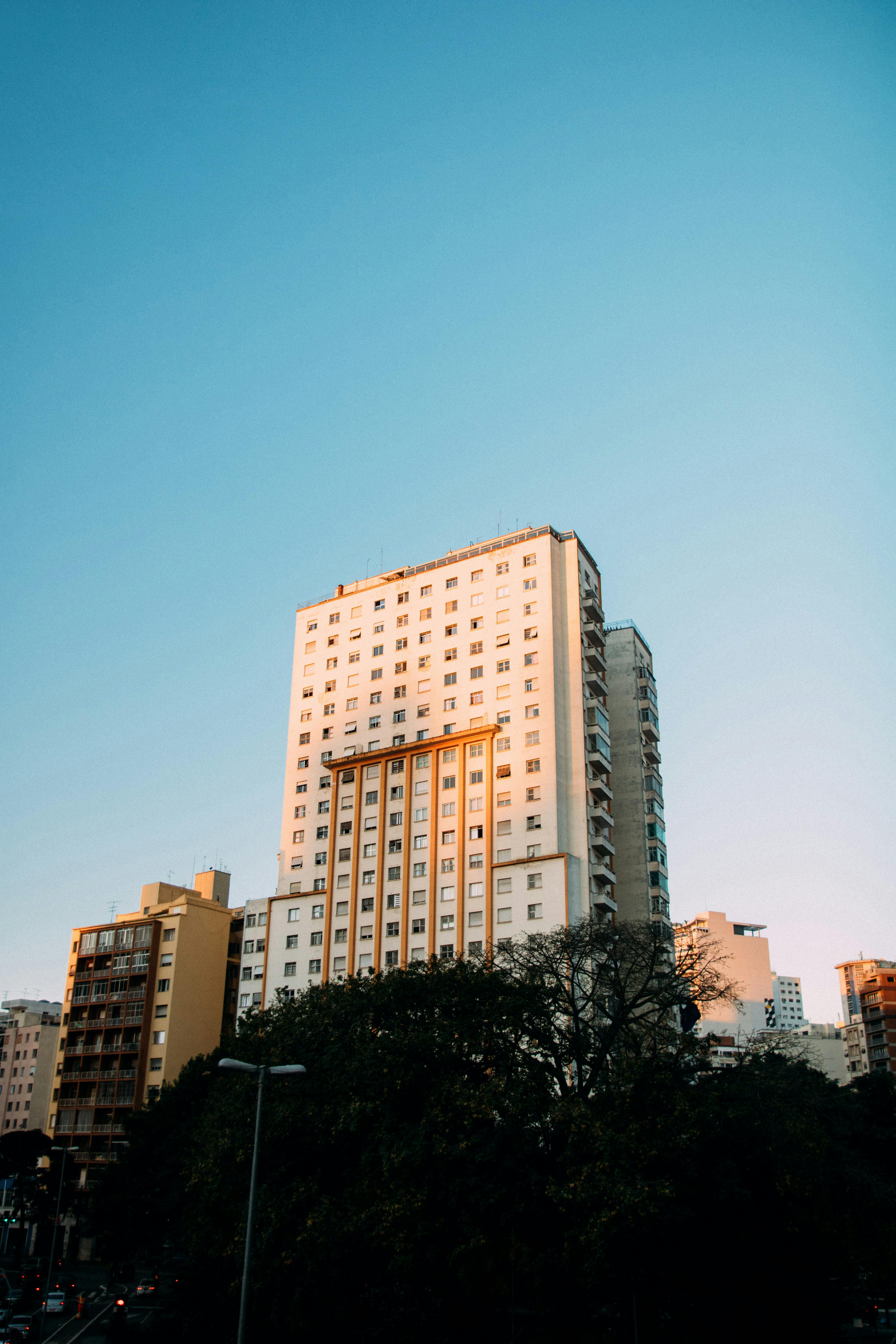 晴朗的蓝天下，城市景观中的高层现代建筑在白天格外醒目