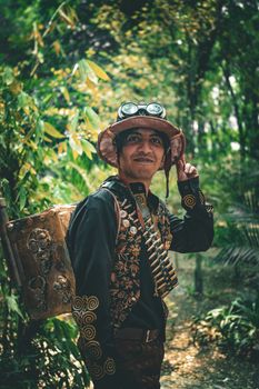 Portrait of a man in steampunk outfit posing in a vibrant forest landscape.