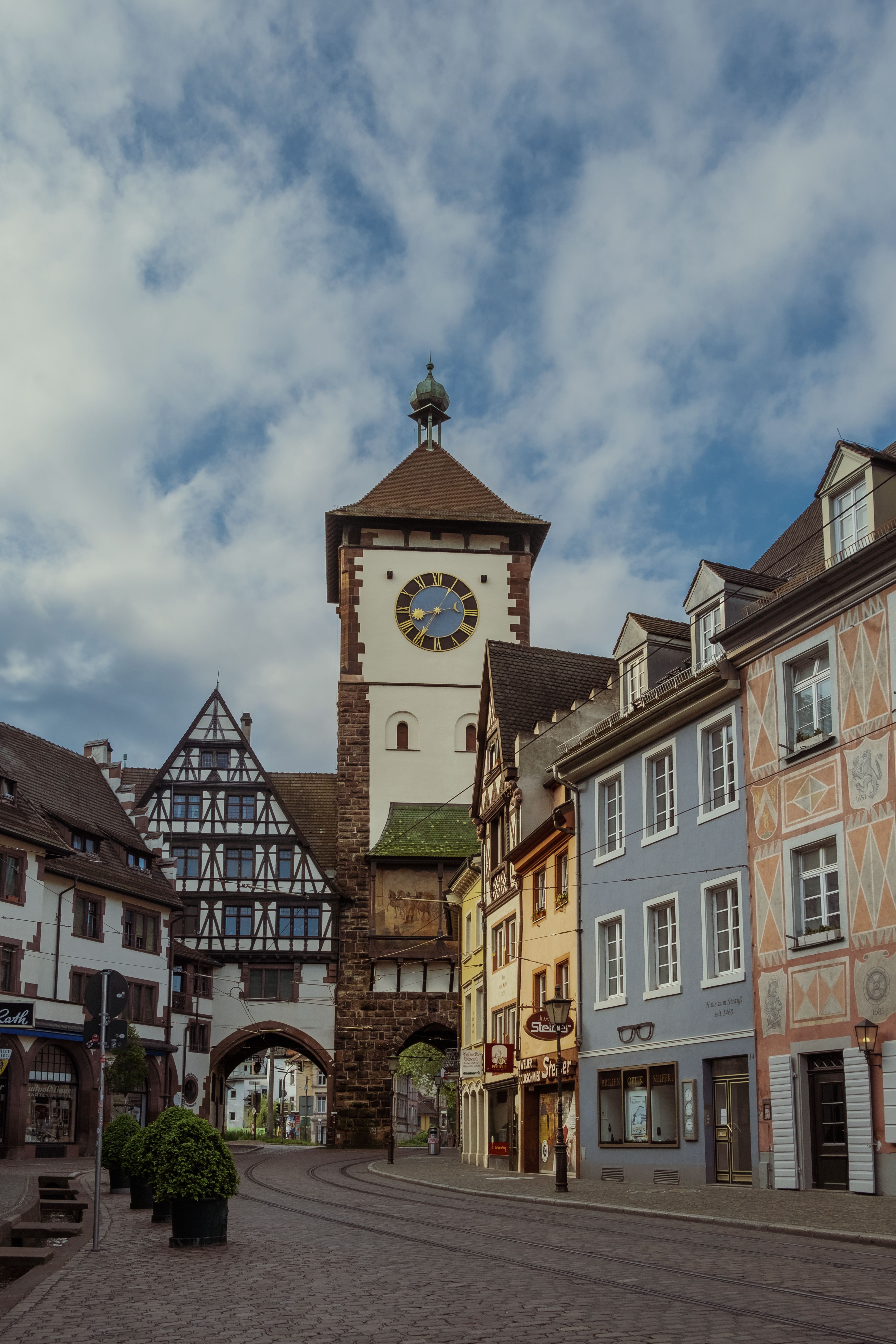Explore the historic Schwabentor tower in Freiburg, Germany's charming Old Town district.