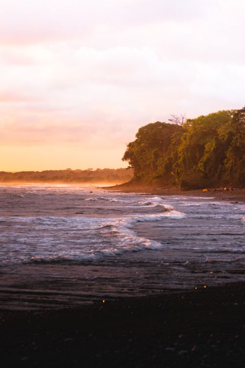 Free A serene sunset over a rocky coastline with gentle waves and lush greenery. Stock Photo