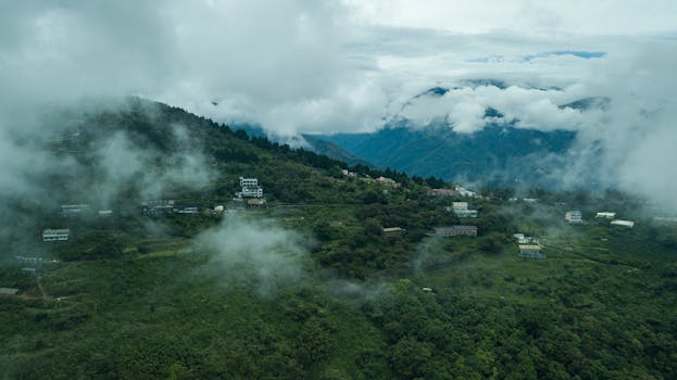 从空中俯瞰，这个薄雾笼罩的山村被云层和绿树环绕，景象令人叹为观止