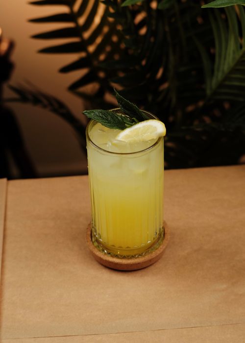 Free Chilled citrus mocktail with lemon and mint, perfect for summer refreshment. Stock Photo