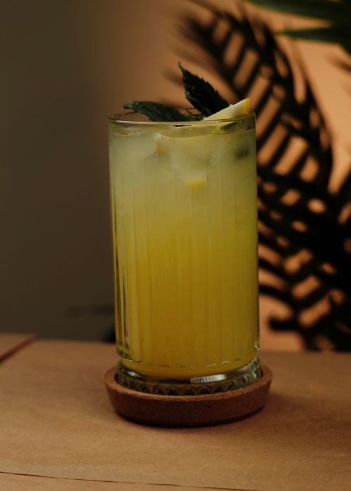 Free Chilled tropical citrus mocktail garnished with mint and lemon, perfect for a summer refreshment. Stock Photo