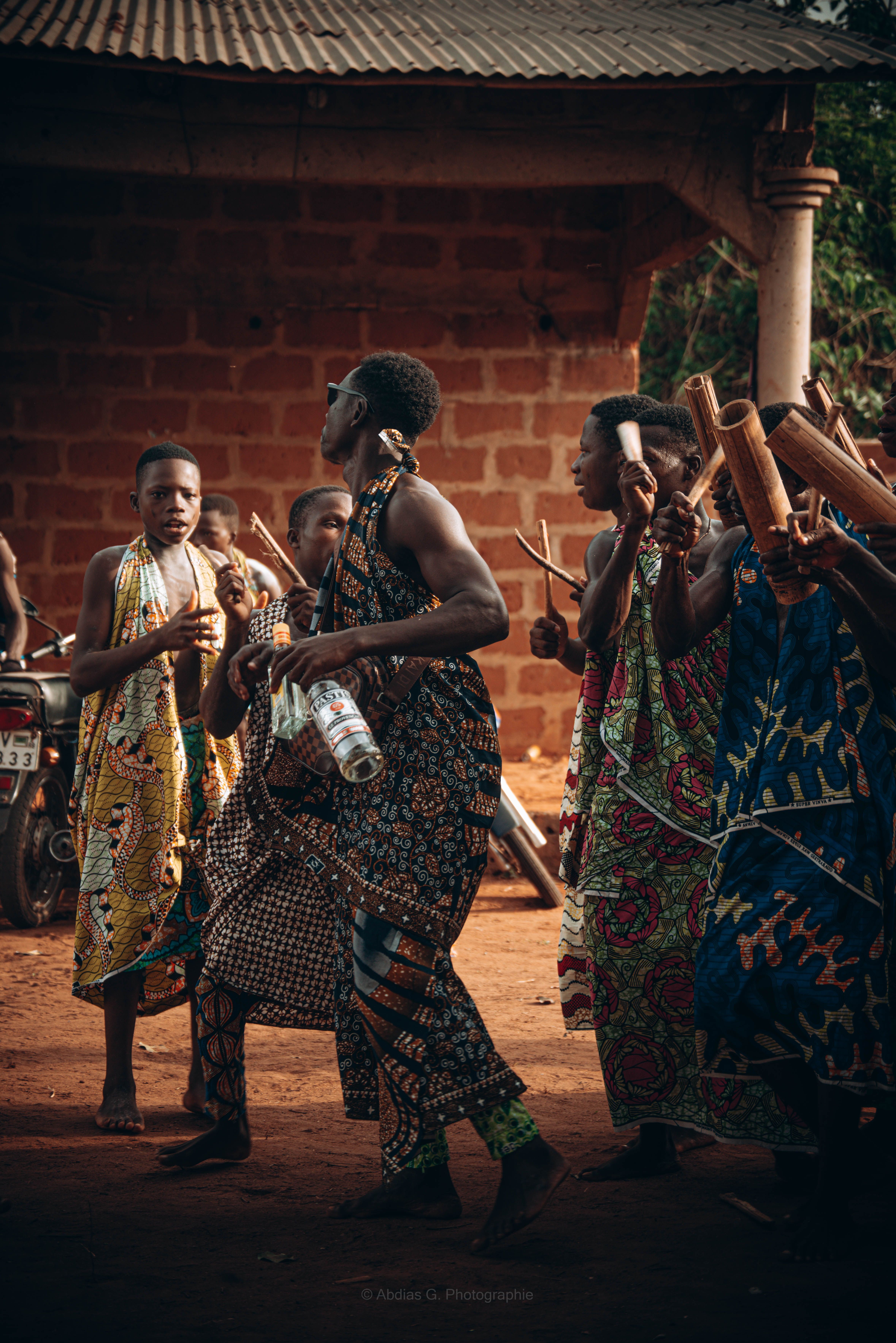 People dancing wearing tribal traditional clothing, Central African Republic
