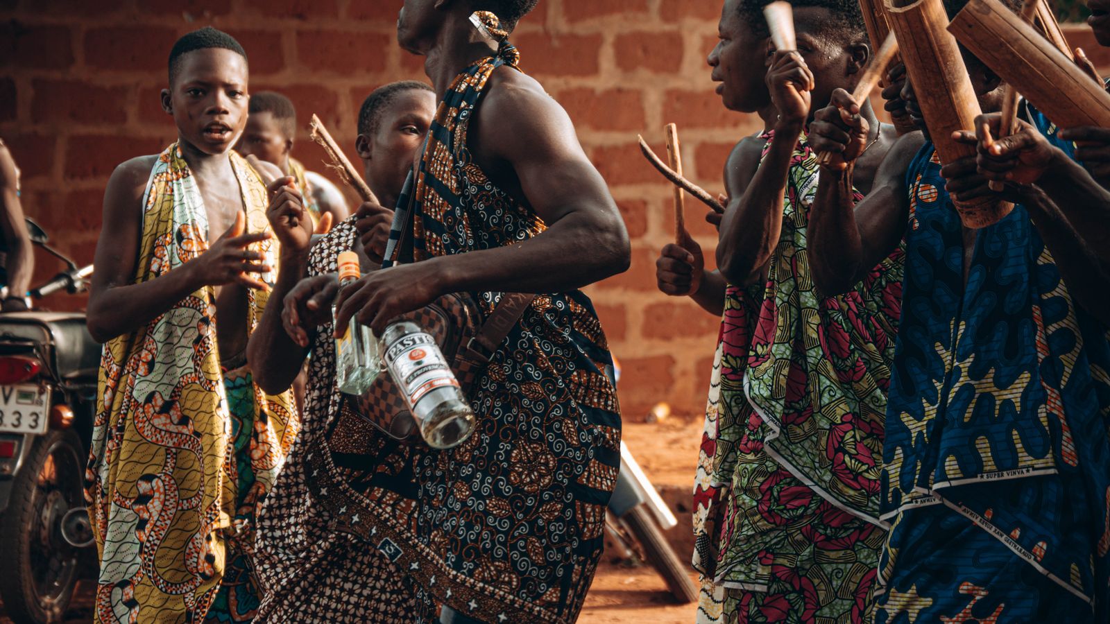 People dancing wearing tribal traditional clothing, Central African Republic