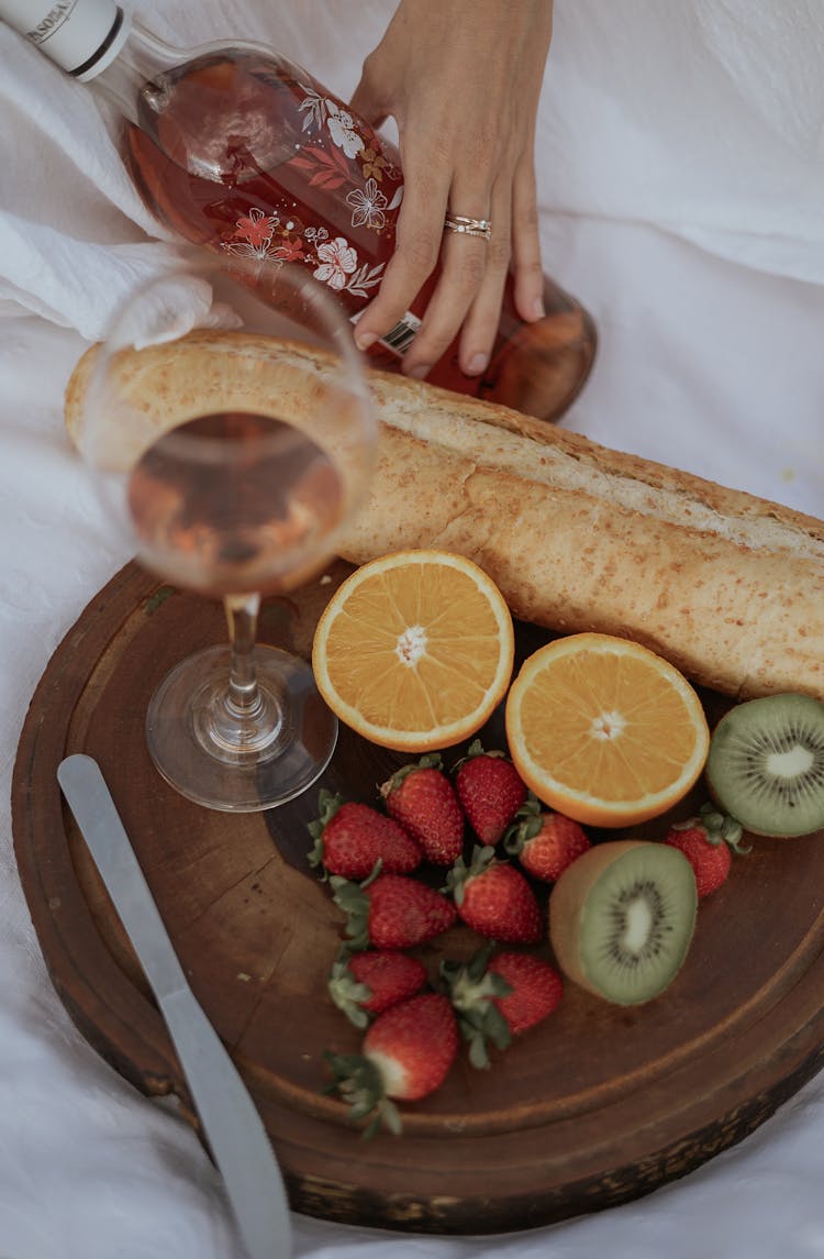 Fruit, Bread And Alcohol On Tray