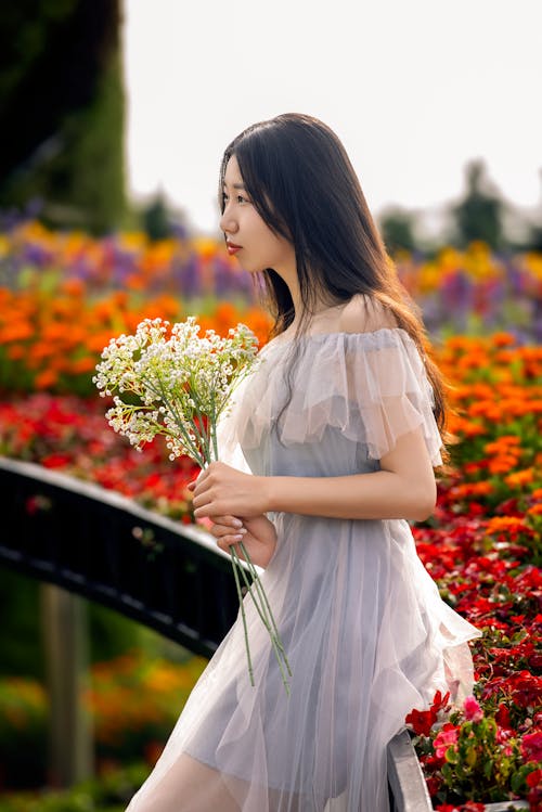 Gratis stockfoto met bloemen, bruin haar, jurk