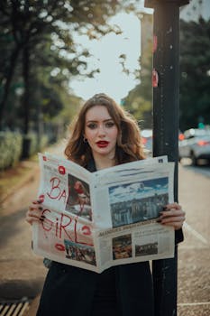 Stylish woman reading a newspaper in urban setting, showcasing modern city life.