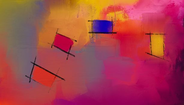 Colorful abstract painting featuring geometric shapes and bold brushstrokes.