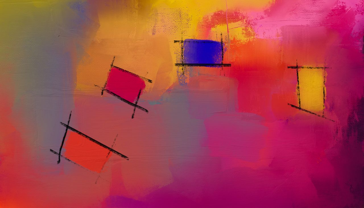 colorful abstract painting featuring geometric shapes and bold brushst
