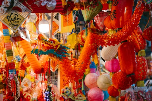 A colorful display of chinese lanterns and decorations