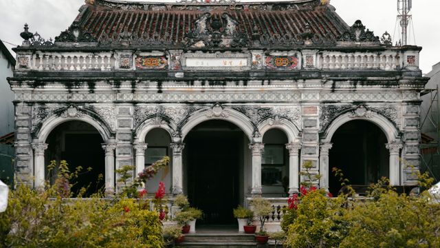 Vietnam, Beautiful facade of Huynh Thuy Le House in Sa Đéc, Vietnam, showcasing French colonial architecture.