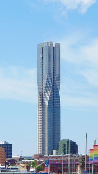 Stunning view of the Karlatornet skyscraper towering over Göteborg cityscape, Sweden.